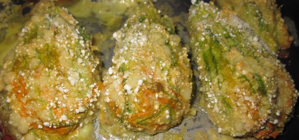 Squash blossoms baked in the pan