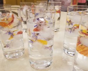 Floral Ice cubes made using nasturtium petals, borage flowers, violas and pineapple sage blossoms during Chef Christy's Herbal Drinks and Snacks class